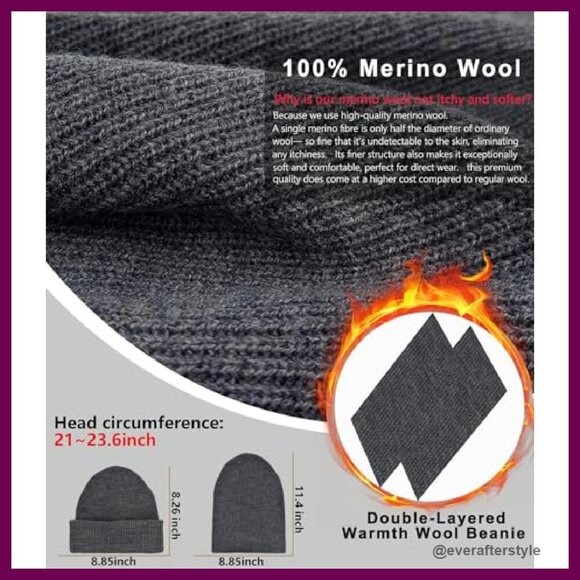 Merino Wool Beanie Unisex Classic Cuffed Knit Winter Hat Slouchy main image 6